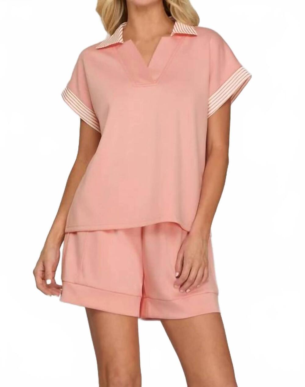 NEW SHE + SKY striped collar top in pink